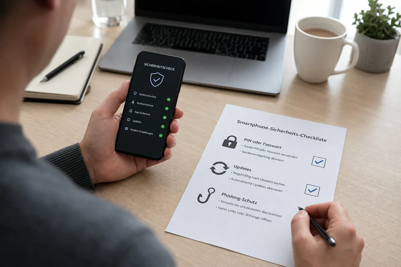 Eine Person prüft eine Sicherheits-Checkliste für Smartphone und digitale Nachweise.