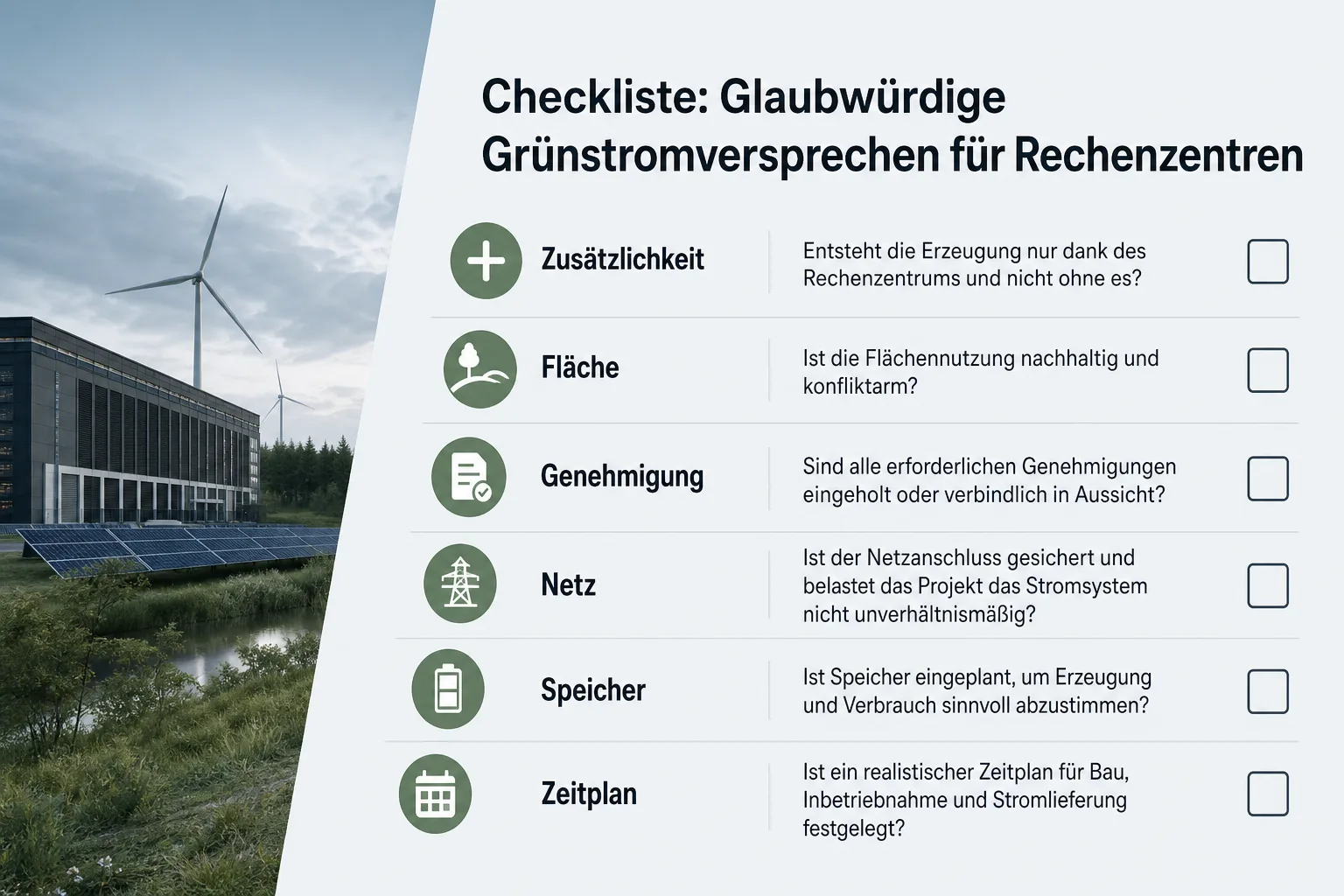 Checklisten-Grafik nennt Kriterien für glaubwürdige Grünstromversprechen bei Rechenzentren.