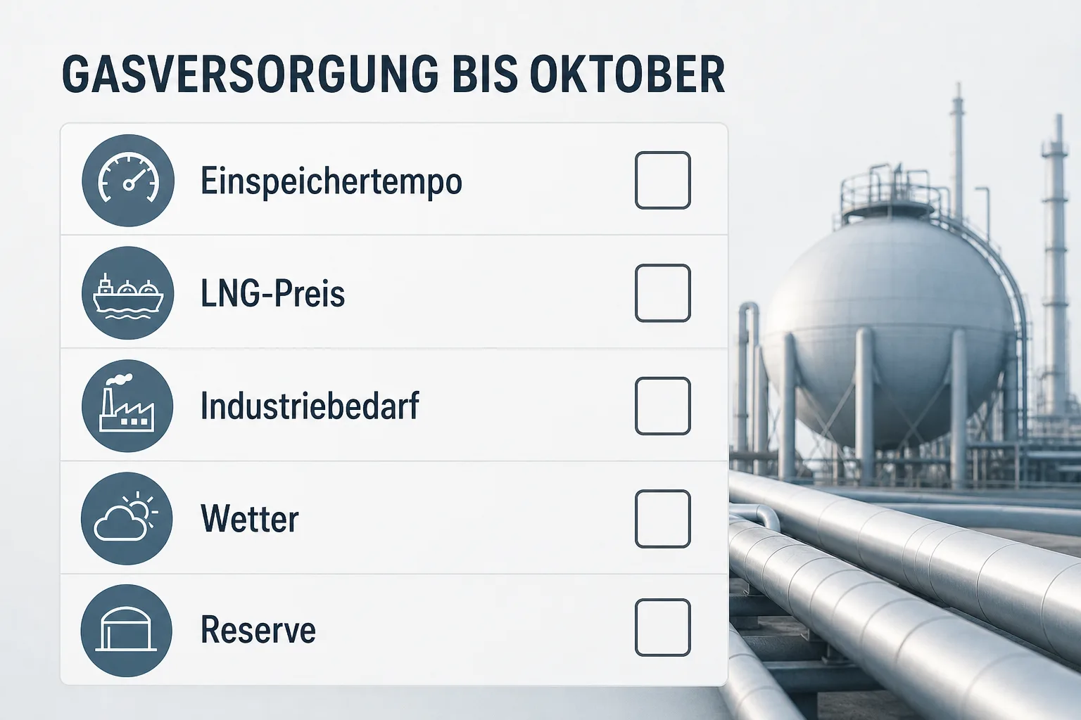 Checklisten-Grafik nennt wichtige Signale für die Gasversorgung bis Oktober.