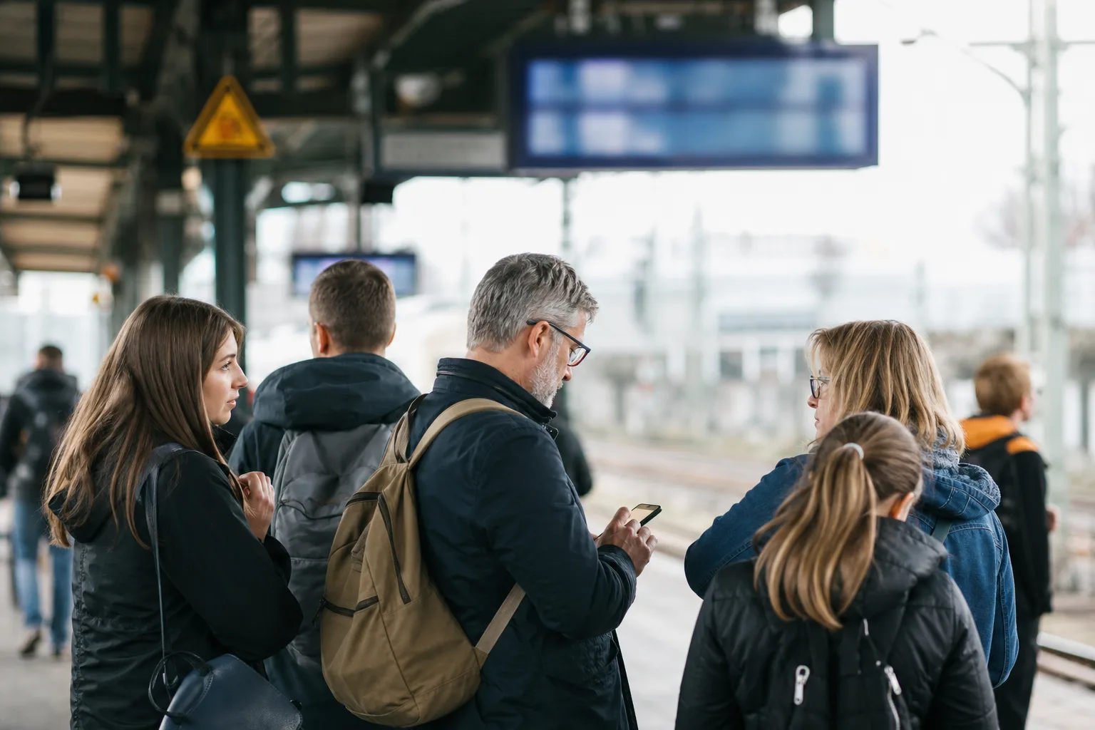 Fahrgäste vergleichen am Bahnsteig Smartphone und Bahnhofsinformationen