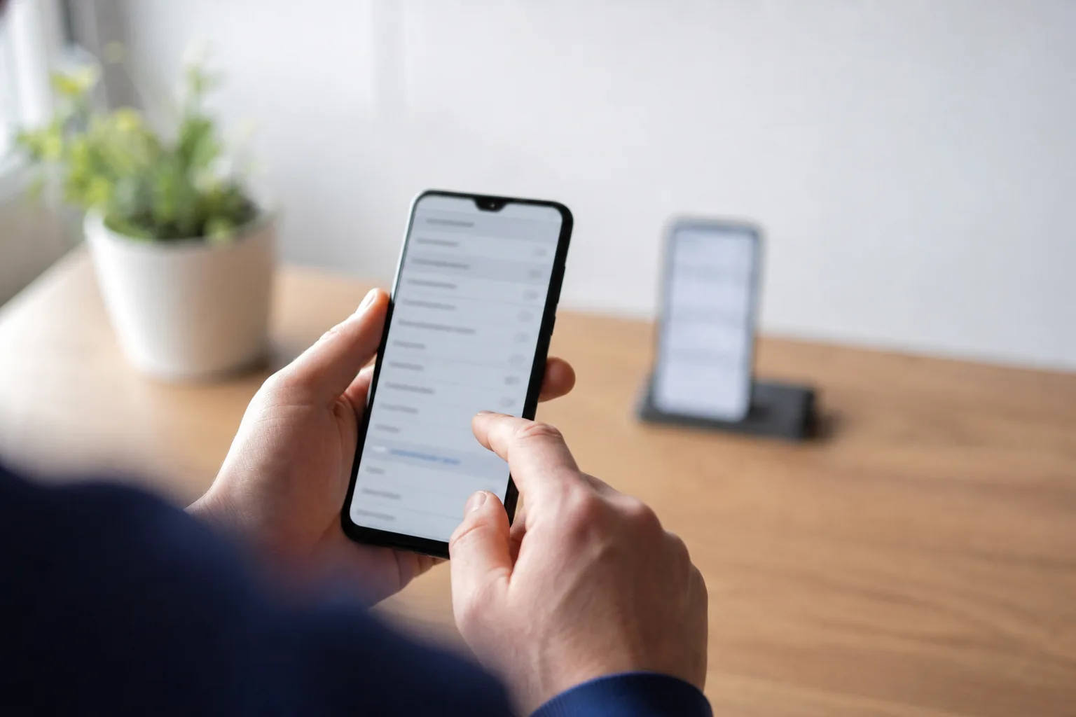 Person prüft Privatsphäre-Einstellungen auf einem Smartphone und testet einen neuen Kontaktweg.
