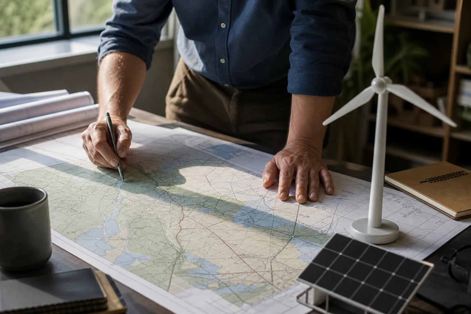 Planungstisch mit Windmodell, Solarmodul und Netzkarte für Repowering und Netzanschluss