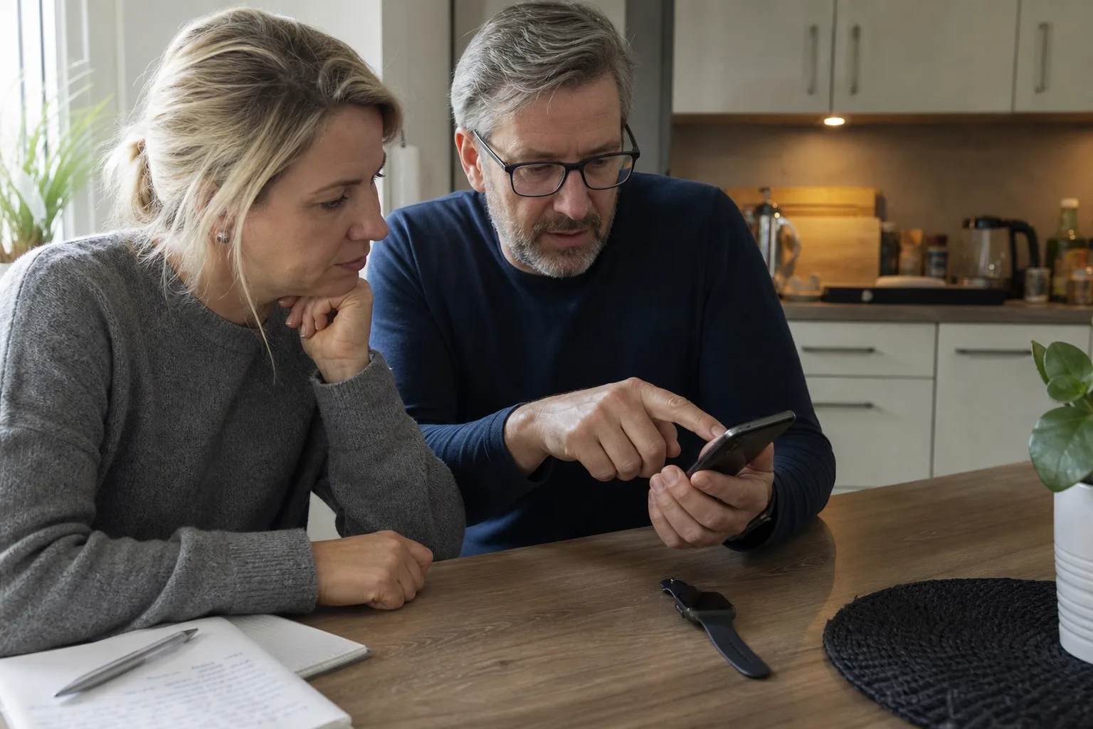 Menschen prüfen Datenschutz- und Gesundheitseinstellungen einer Schlaftracking-App am Küchentisch