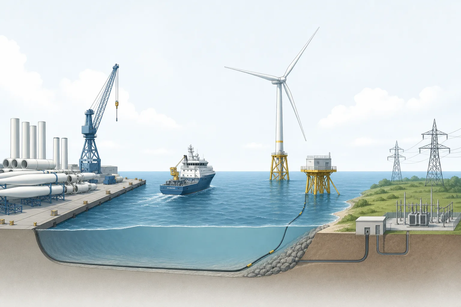 Schematische Ostsee-Lieferkette mit Hafenkomponenten, Arbeitsschiff, Offshore-Turbine, Seekabel, Umspannpunkt und Stromnetz an Land.