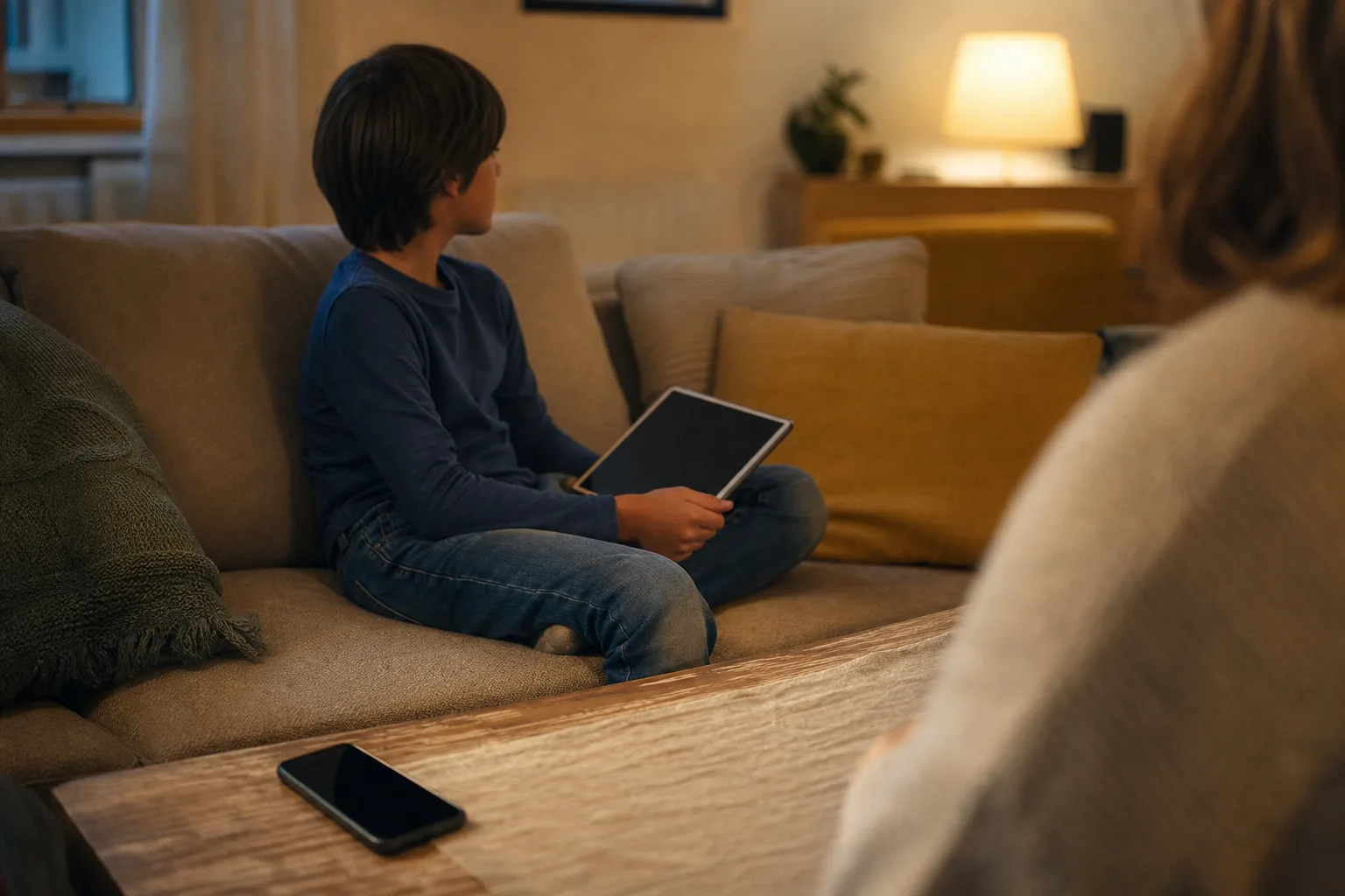 Ein Kind prüft mit neutralem Tablet und Smartphone zwei unterschiedliche Nutzungsmomente im Wohnzimmer.