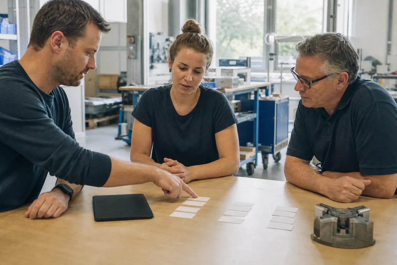 Ein kleines Team ordnet an einem Besprechungstisch einen Arbeitsablauf mit neutralen Karten und einem Werkstück.