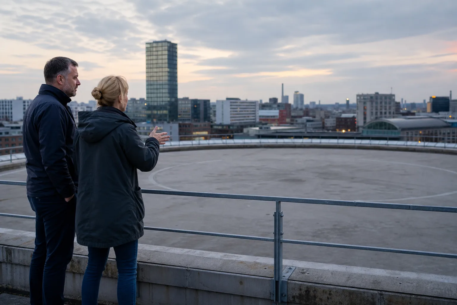 Zwei Fachleute stehen auf einer leeren Dachfläche mit einer neutralen kreisförmigen Landezone und blicken über eine Stadt; weder Flugzeug noch Beschilderung sind zu sehen.