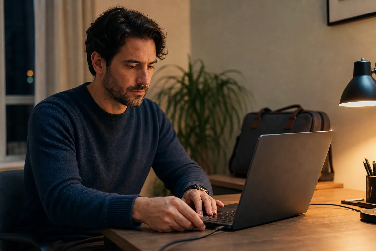 Eine Person verbindet an einem abendlichen Schreibtisch ein Ladegerät mit einem unmarkierten Laptop; im Hintergrund steht eine geschlossene Reisetasche.