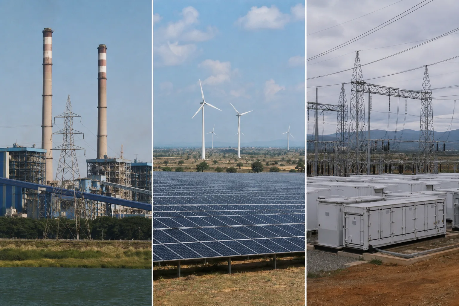 Fotorealistisches Triptychon mit thermischem Kraftwerk, Solar- und Windenergie sowie Netz- und Batteriespeichertechnik als getrennte indische Energieszenen.
