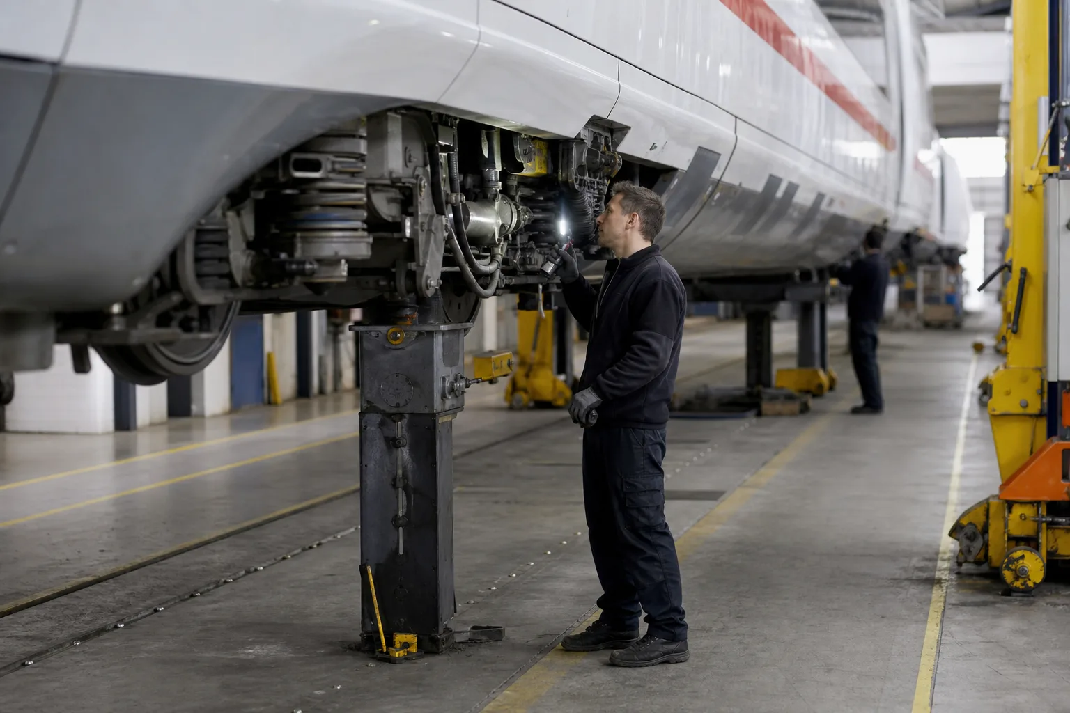 Eine Technikerin oder ein Techniker prüft in einer hellen Bahnwerkstatt das Drehgestell und die Unterflurtechnik eines neutralen Hochgeschwindigkeitszugs.
