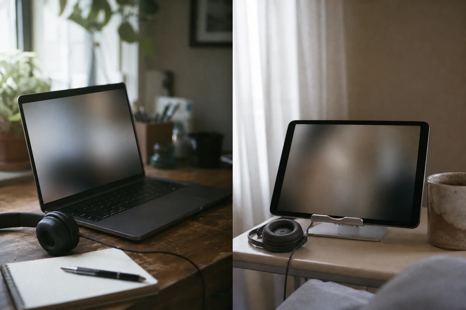 Zweiteiliges Foto mit einem unmarkierten Laptop und einem unmarkierten Tablet in getrennten Alltagsszenen; beide Bildschirme sind unlesbar.