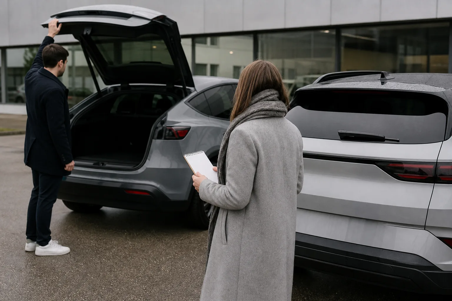 Zwei Personen vergleichen auf einem neutralen Autohausgelände zwei unmarkierte Elektroautos; ein Notizblock bleibt unbeschriftet.