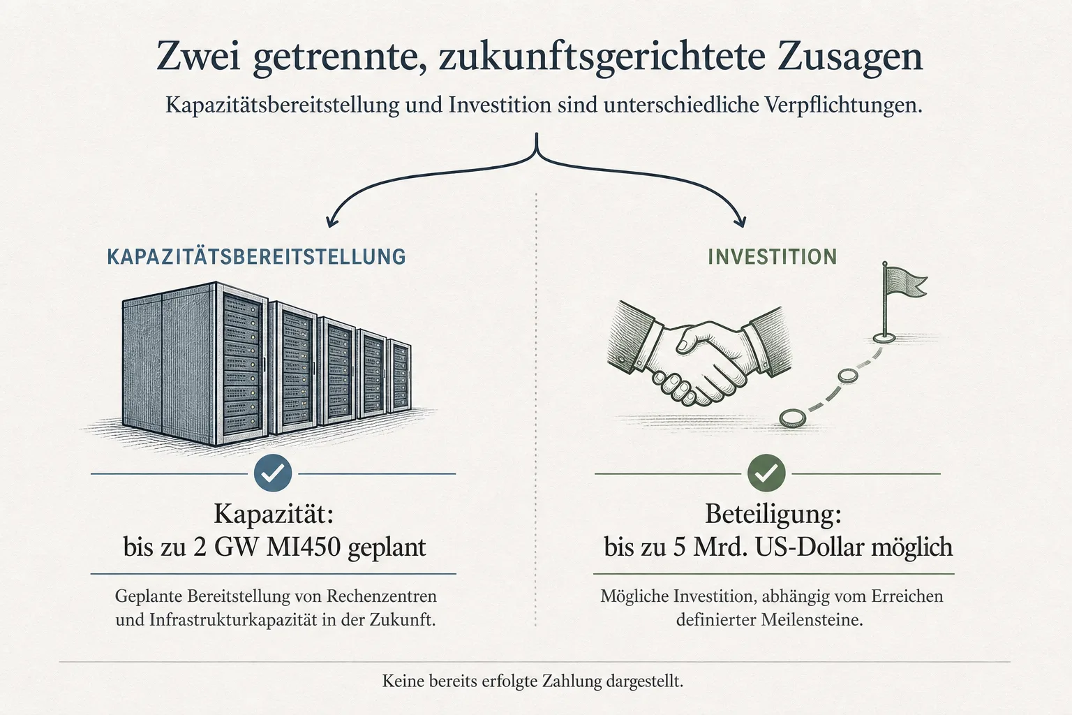 Diagramm stellt die geplante MI450-Kapazität bis zu zwei Gigawatt einer möglichen, meilensteinabhängigen Beteiligung bis zu fünf Milliarden US-Dollar gegenüber.