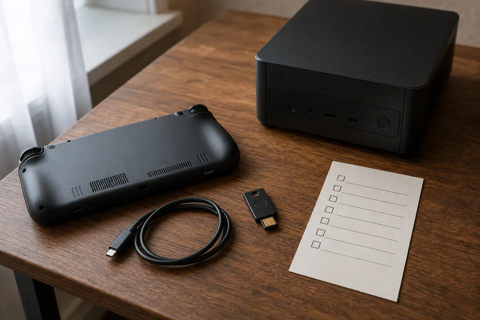 Auf einem Holztisch liegen ein neutraler Mini-PC, ein Handheld mit abgewandtem Bildschirm, ein Sicherheitsschlüssel, Ladekabel und eine leere Checkliste.