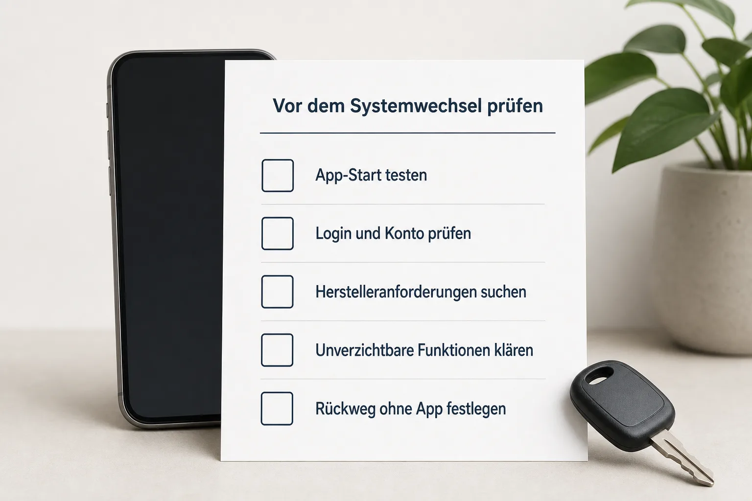Checklistenvisualisierung mit fünf leeren Prüfpunkten für App-Start, Login, Herstelleranforderungen, unverzichtbare Funktionen und einen Rückweg ohne App.