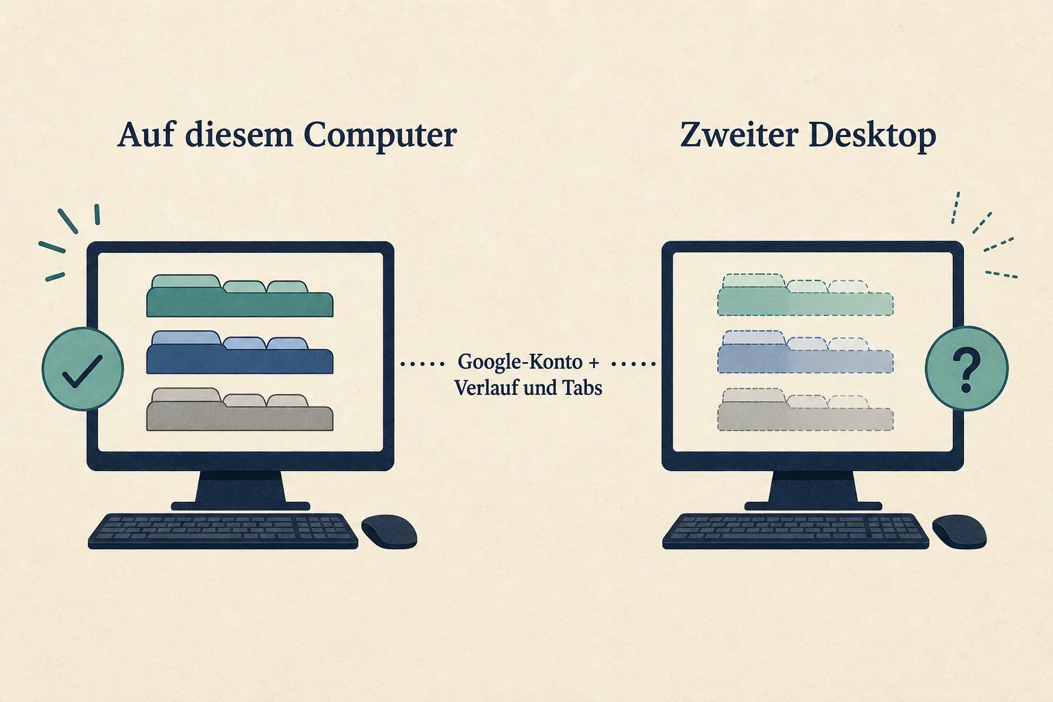 Redaktionelle Grafik verbindet zwei neutrale Desktop-Computer und kennzeichnet die Bedingung Google-Konto plus Verlauf und Tabs.