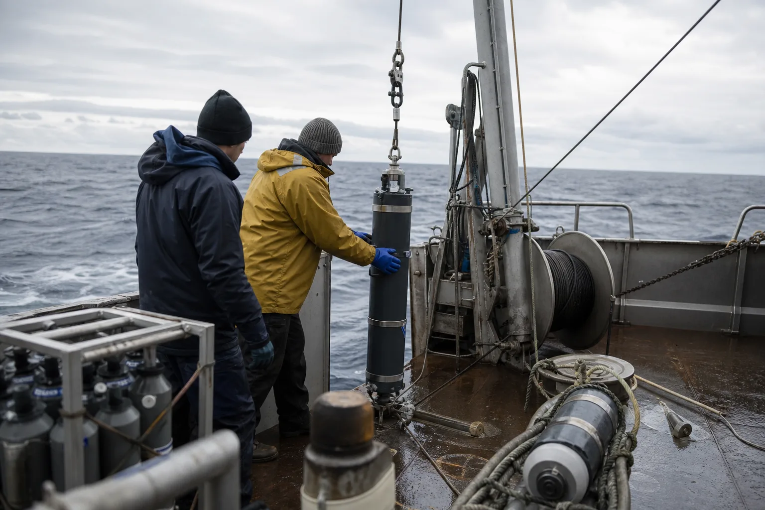 Ozeanografische Messgeräte und verankerte Leine auf dem Deck eines Forschungsschiffs über Atlantikwellen