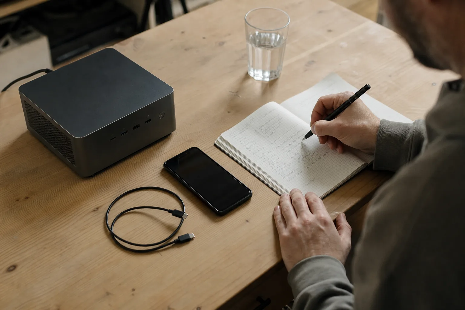 Eine Person notiert an einem Schreibtisch die Bedingungen eines Tests neben einem unmarkierten Computer und einem Smartphone.