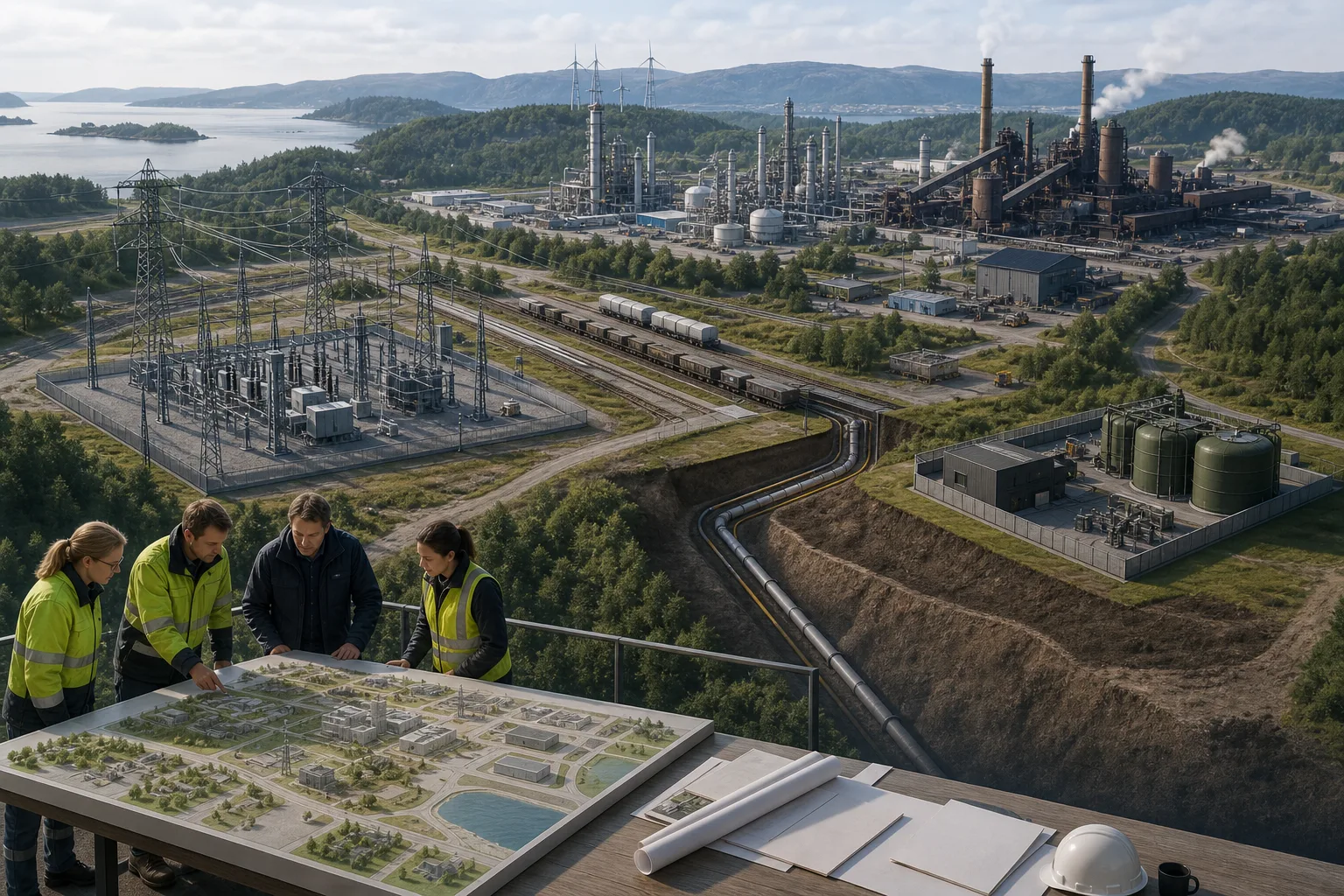 Illustrative Schnittansicht eines Industrieclusters mit Stromanschluss, Pipelinekorridor, Speicherbereich und Planenden an einem physischen Modell.