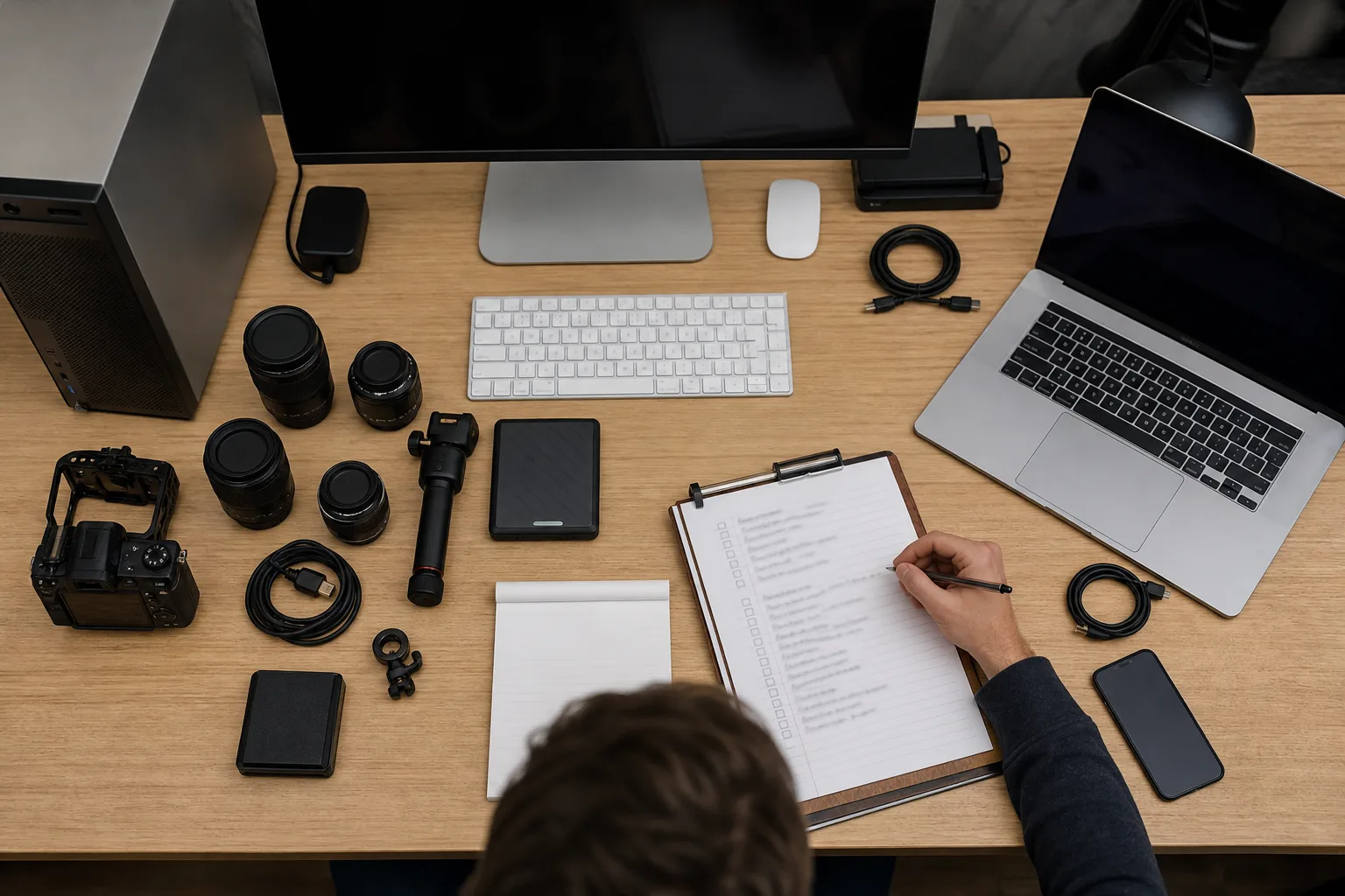 Aufgeräumter Arbeitstisch mit Rechnern, Kamera-Zubehör, Kabeln und einer Prüfliste zur Vorbereitung eines Updates.