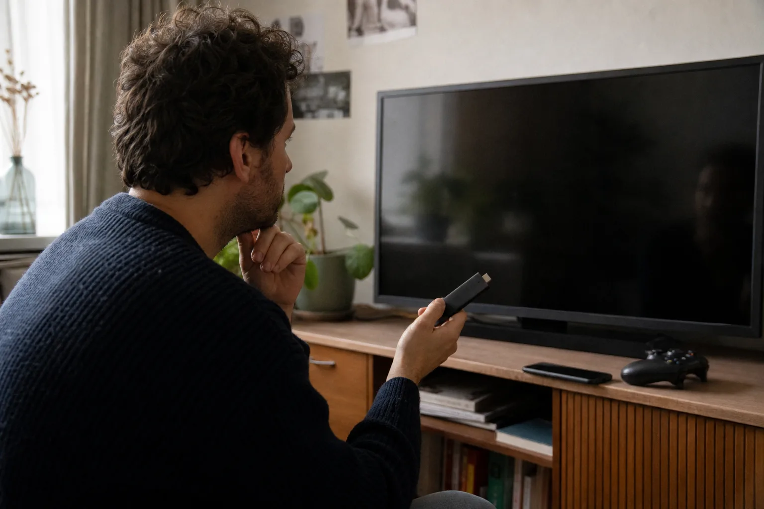 Person betrachtet in einer Berliner Wohnung einen unmarkierten Streaming-Stick an einem ausgeschalteten Fernseher; Smartphone und Controller liegen auf einem Sideboard.