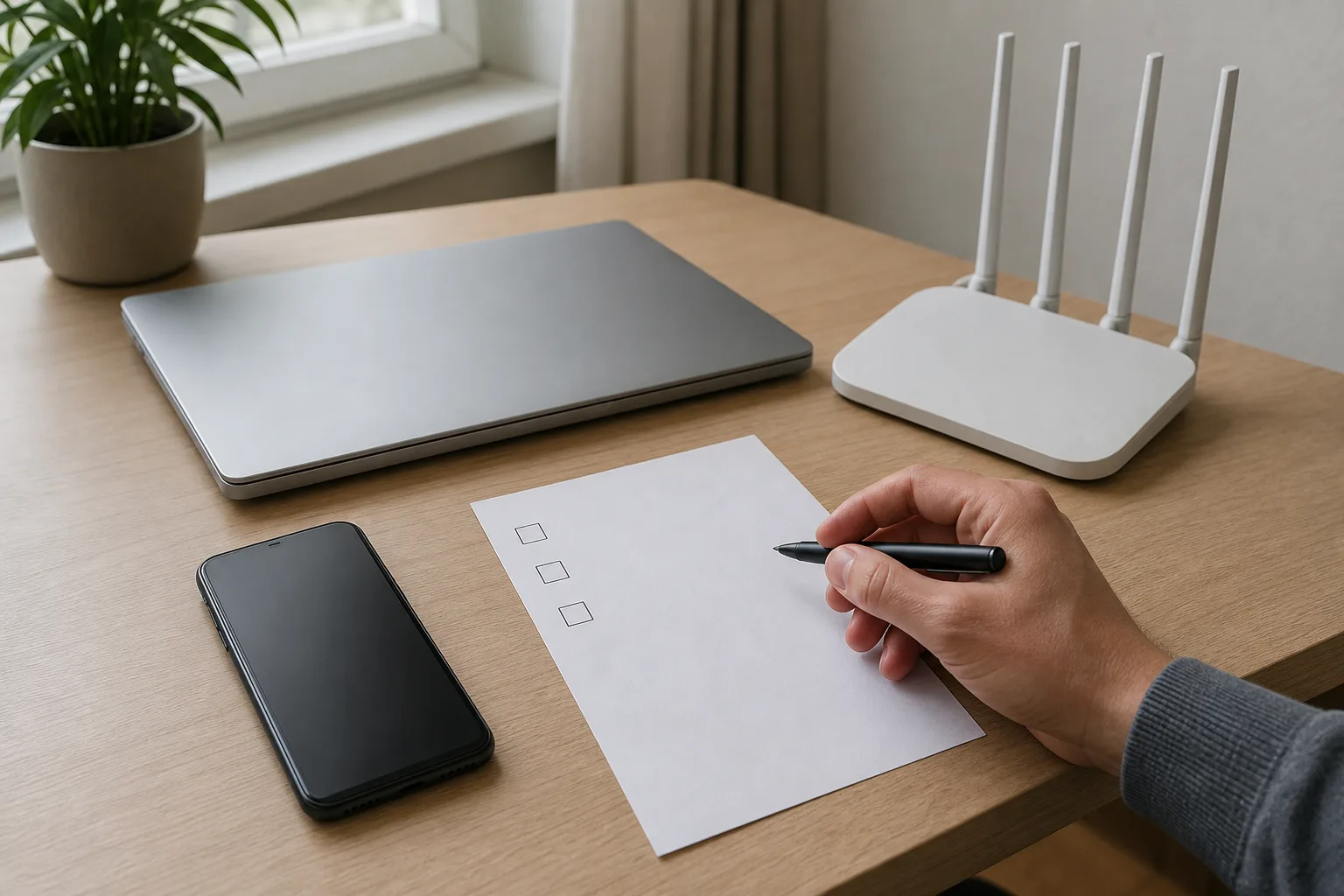 Unmarkiertes Android-Handy, neutraler Laptop, WLAN-Router und leere Checkliste liegen auf einem Schreibtisch, während eine Hand die Punkte vergleicht.