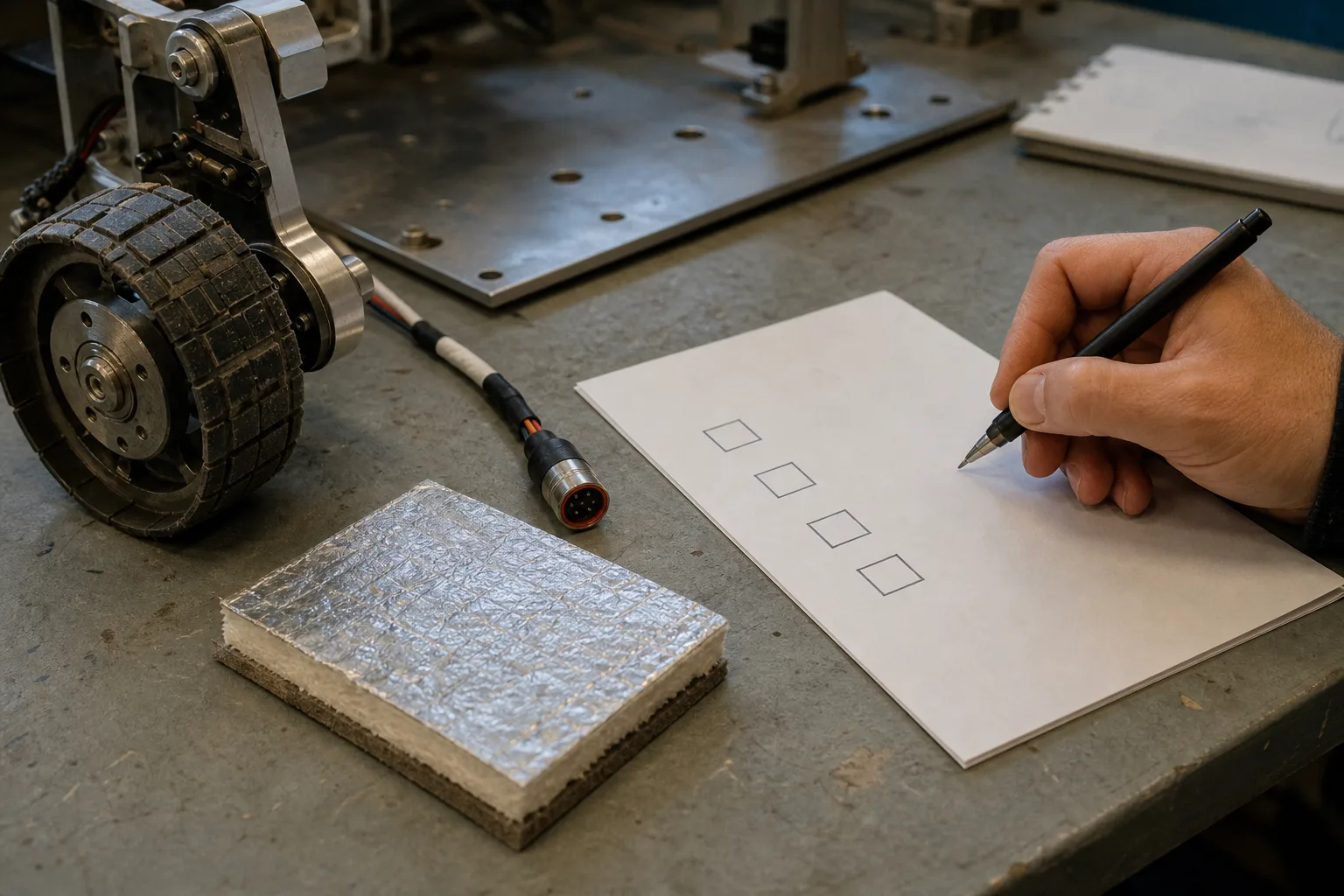 Unbeschriftetes Roverrad, Kabelverbinder, Materialprobe und leere Prüfliste liegen auf einem Arbeitstisch, während eine Hand die Teile vergleicht.