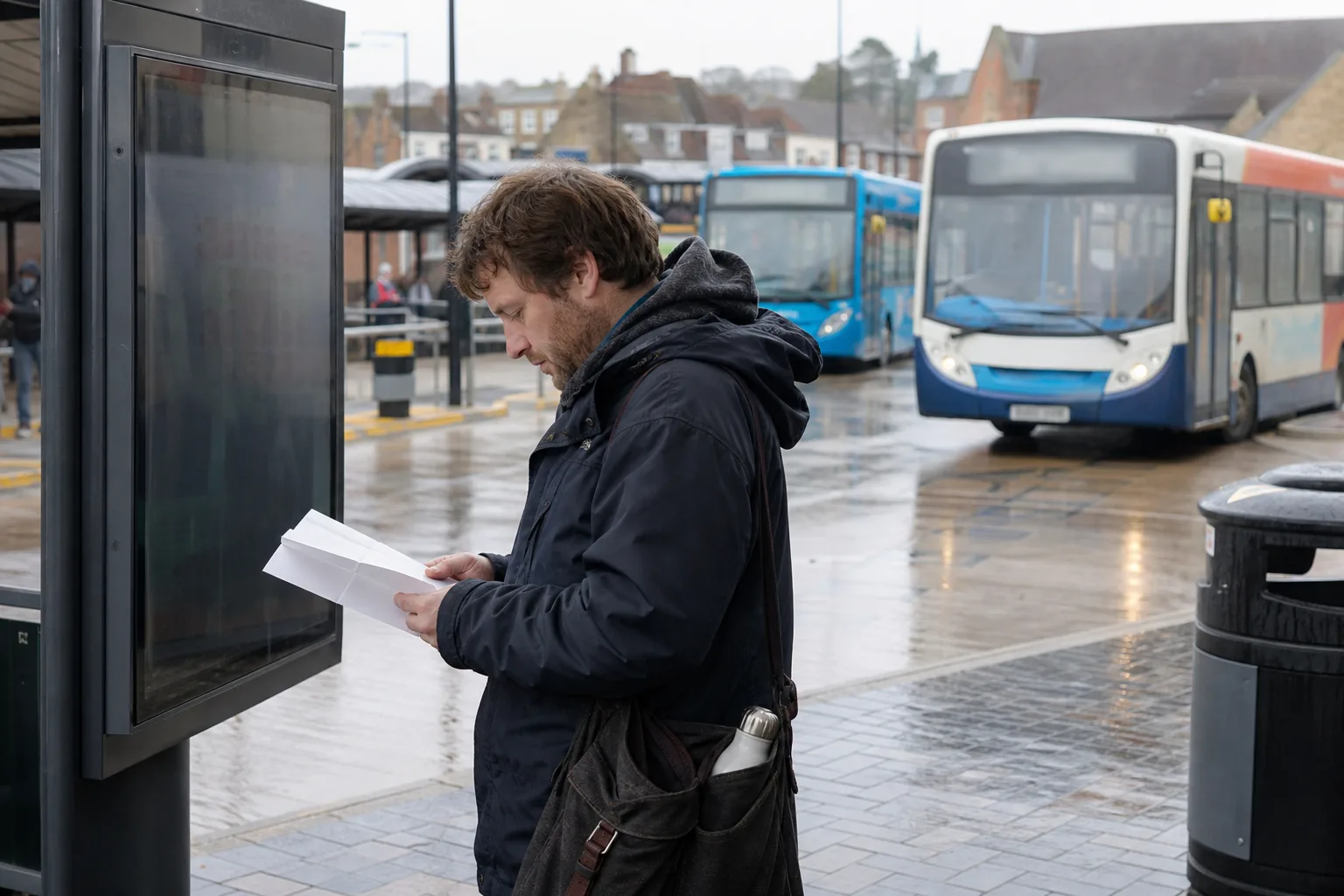 Eine reisende Person betrachtet an einem kleinen Busumstieg eine unlesbare Informationstafel; zwei unbeschriftete Busse stehen im Hintergrund.