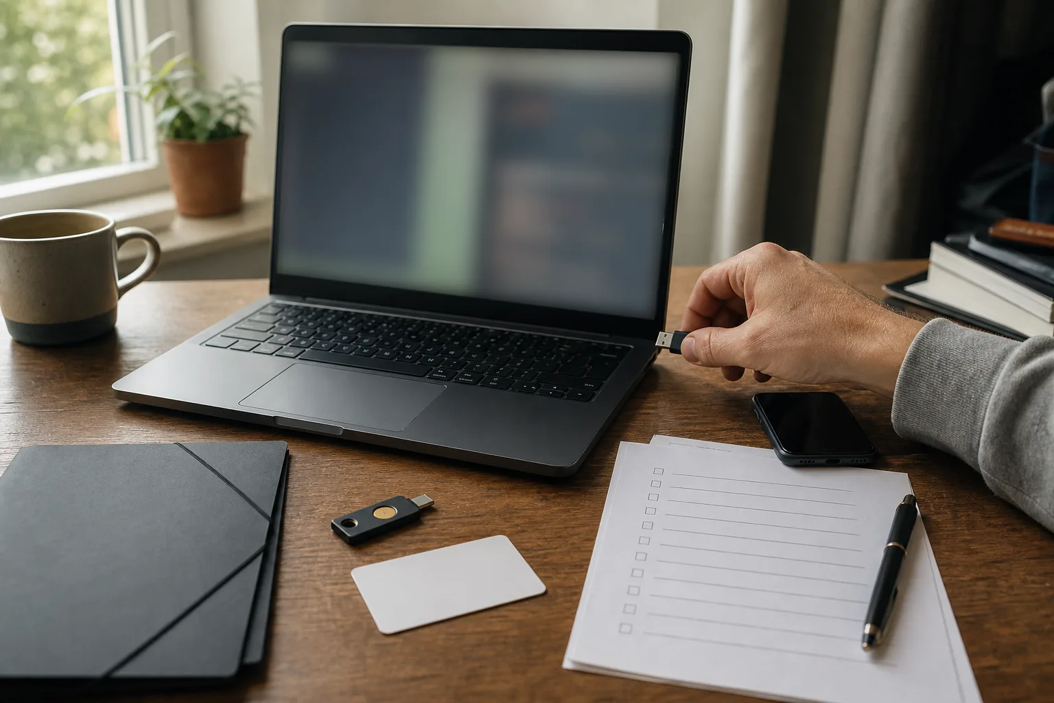 Ein Arbeitsplatz mit getrenntem Testordner, Sicherheitsschlüssel, leerer Prüfliste und abgezogenem USB-Stecker für einen kontrollierten Test.