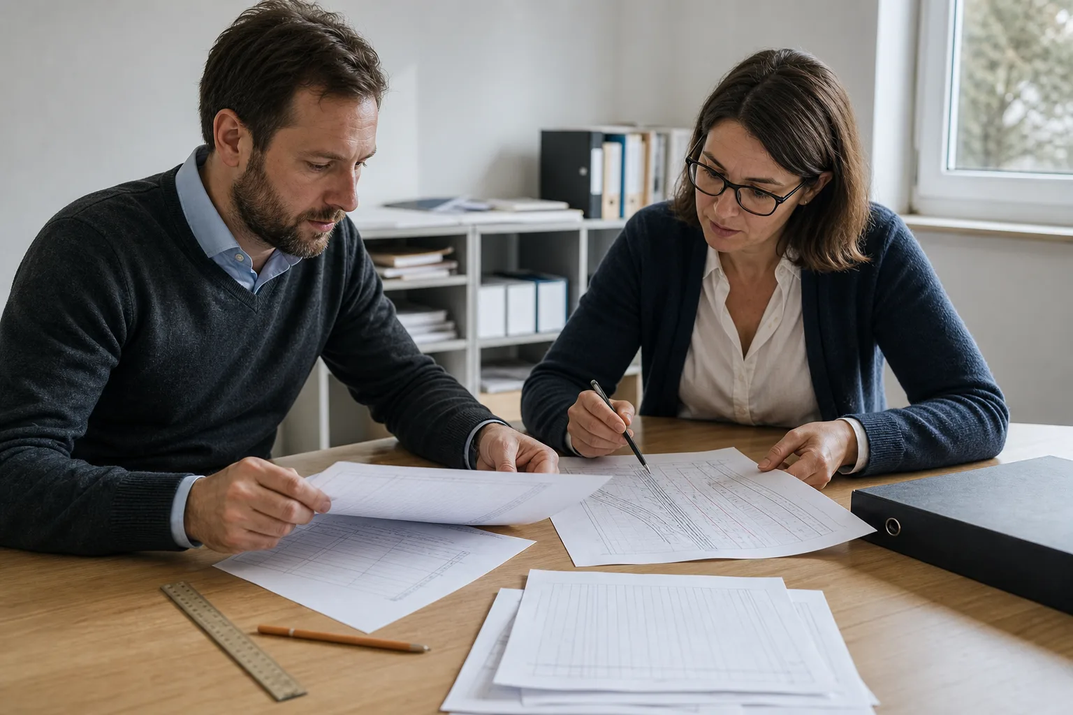 Zwei Fachleute vergleichen in einem Büro eine neutrale Papierabrechnung mit einer schematischen Gleisübersicht.