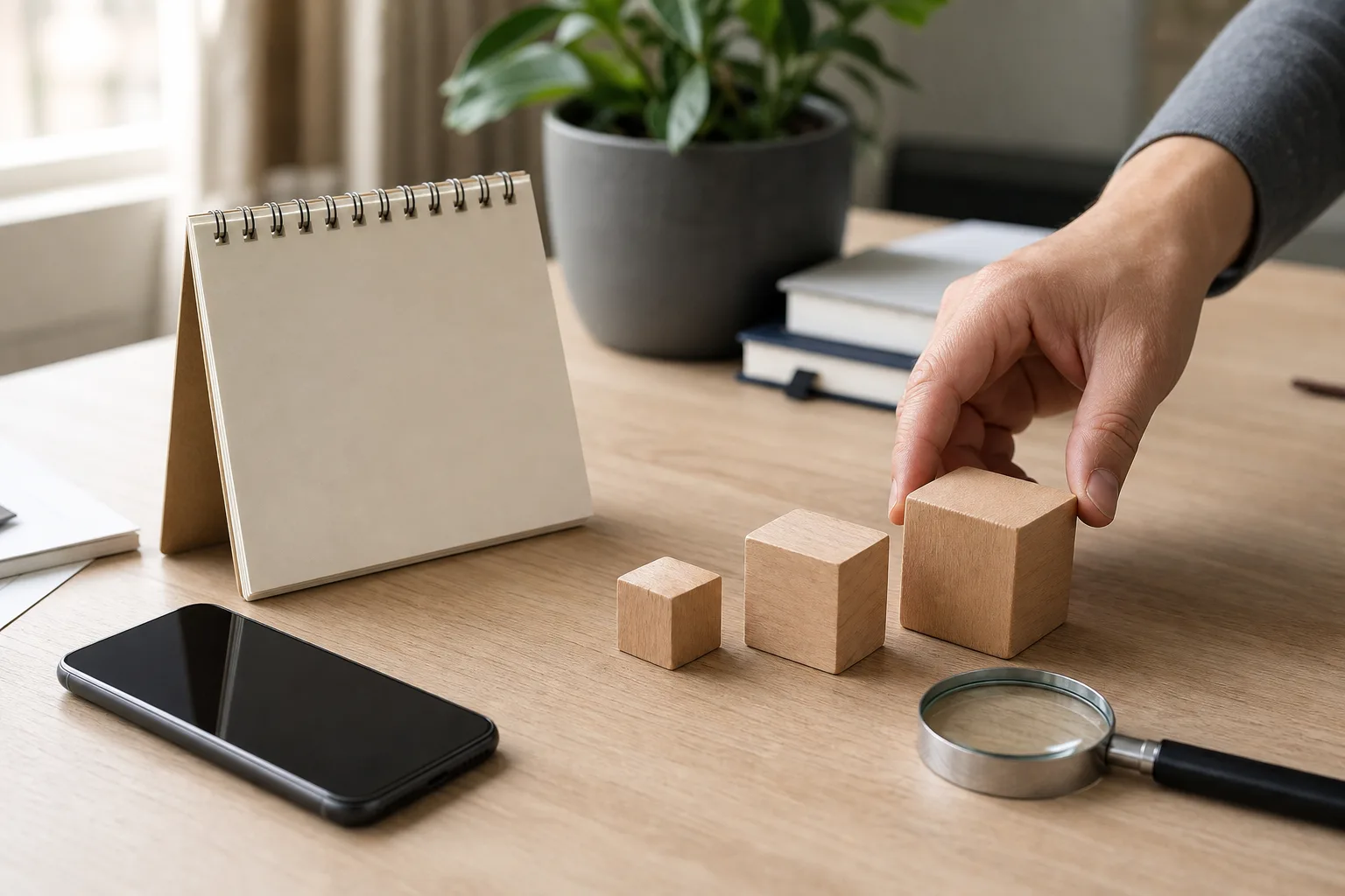 Eine Hand ordnet auf einem Holztisch unbeschriftete Bausteine neben einem Smartphone mit ausgeschaltetem Display und einer Lupe.