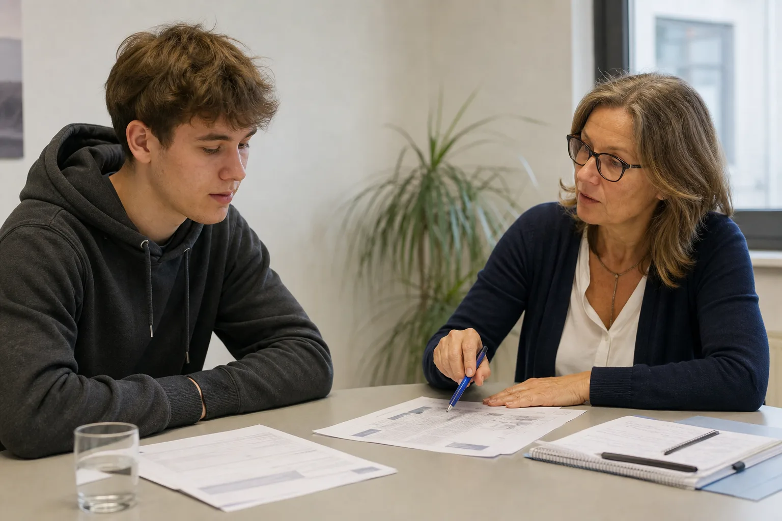 Zwei Personen besprechen Unterlagen an einem neutralen Tisch in ruhiger Atmosphäre.
