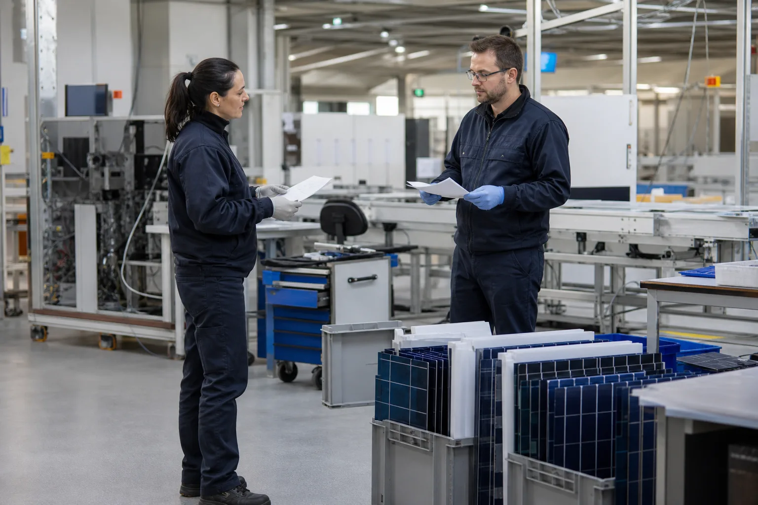 Zwei Fachkräfte besprechen Papiernotizen an einer neutralen industriellen Fertigungslinie für Solarzellen.