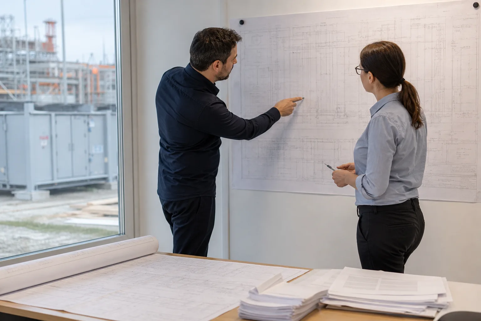 Ein Projektplaner und eine Ingenieurin prüfen Unterlagen vor sichtbarer technischer Infrastruktur.