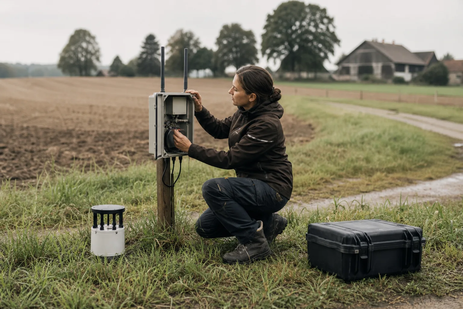 Technikerin prüft an einem Feldrand einen unmarkierten Kommunikationskasten mit neutralen Antennen neben einem landwirtschaftlichen Sensorgerät.