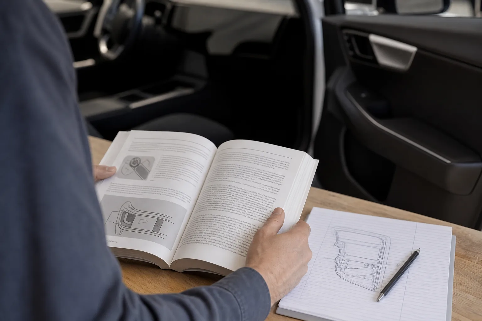 Person blättert neben einer geöffneten Autotür in einem neutralen Fahrzeughandbuch mit Türskizze.