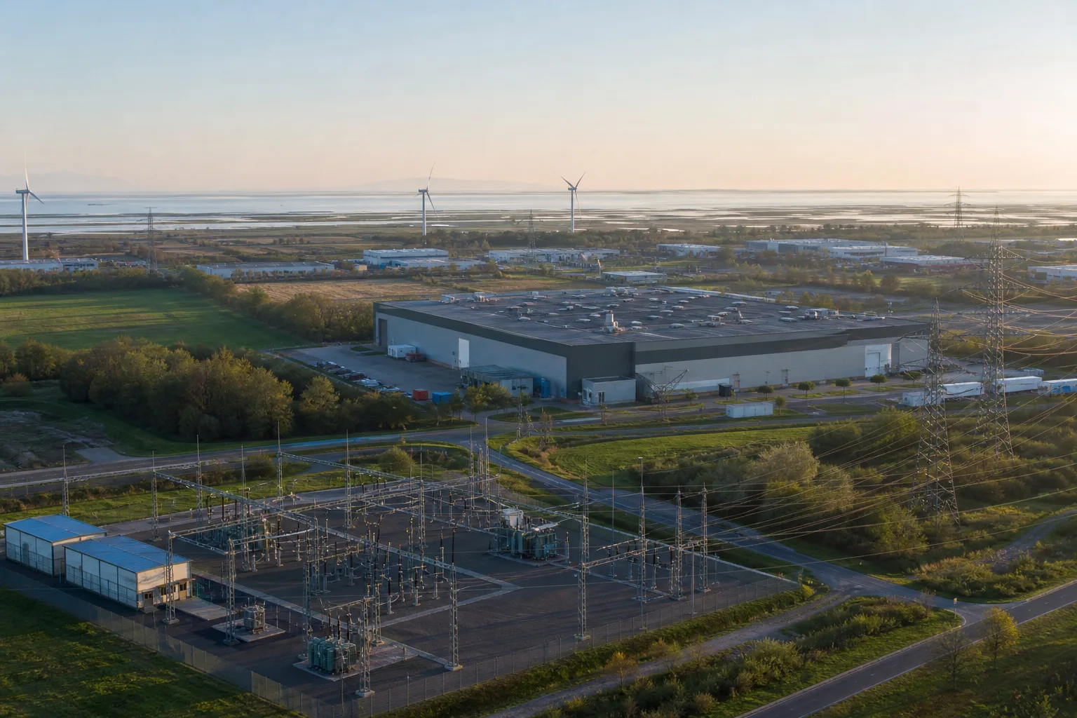 Luftaufnahme eines Industrieparks mit Produktionshalle, Umspannwerk, Stromleitungen und begrünten Randflächen.