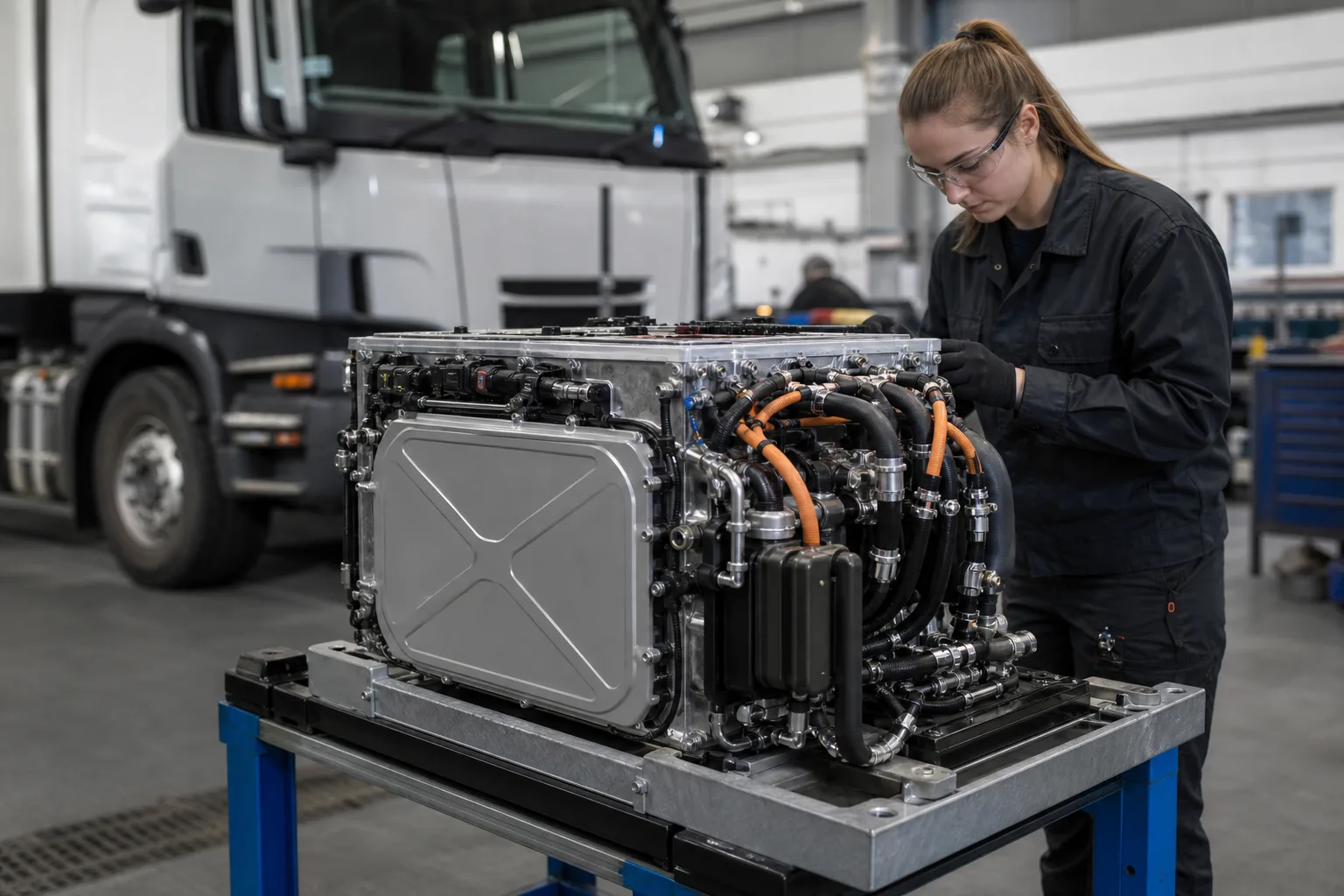 Ein unbeschriftetes Brennstoffzellenmodul steht in einer Nutzfahrzeug-Werkstatt vor einem unscharfen schweren Lkw; eine Technikerin prüft den Aufbau.