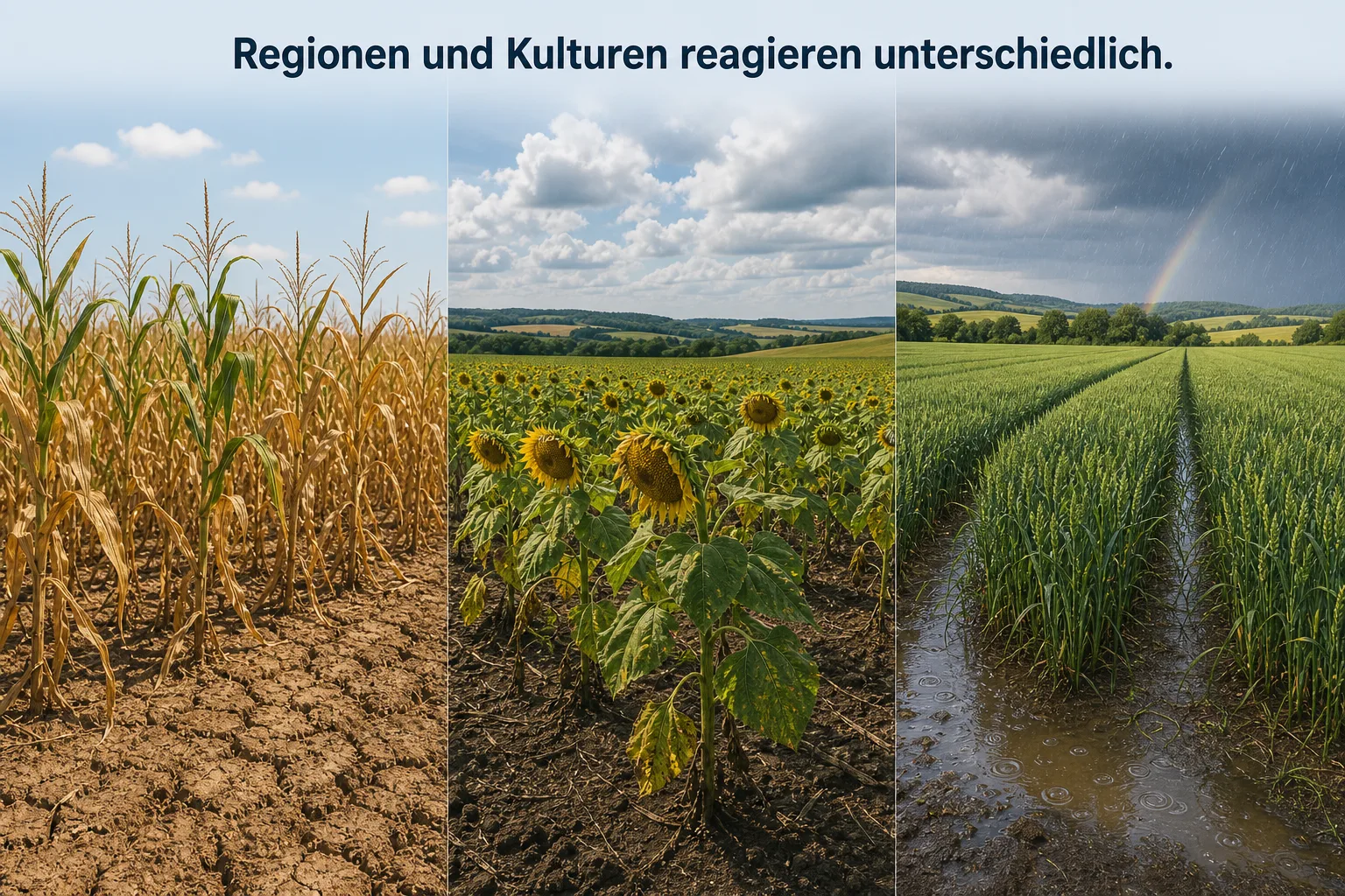 Dreiteilige Illustration zeigt Mais, Sonnenblumen und Getreide unter unterschiedlichen sommerlichen Standortbedingungen.