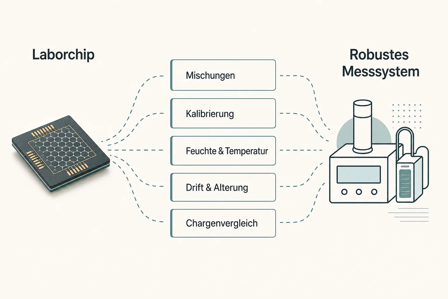 Infografik stellt einen Laborchip einem robusten Messsystem gegenüber und nennt offene Prüfpunkte wie Mischungen, Kalibrierung und Drift.