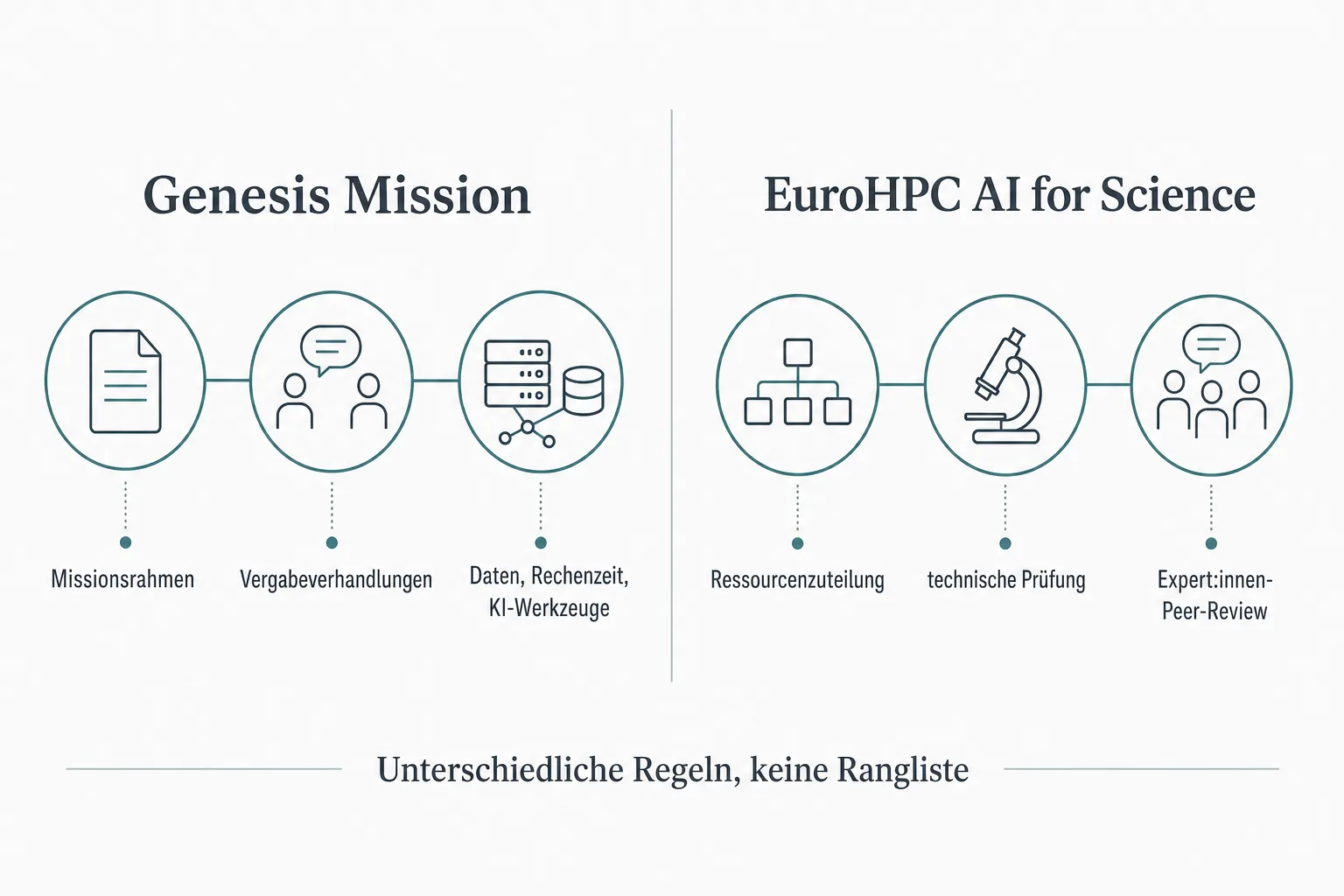 Vergleichsgrafik zeigt die Genesis Mission mit Missionsrahmen und Vergabeverhandlungen sowie EuroHPC mit Ressourcenzuteilung und Peer Review.