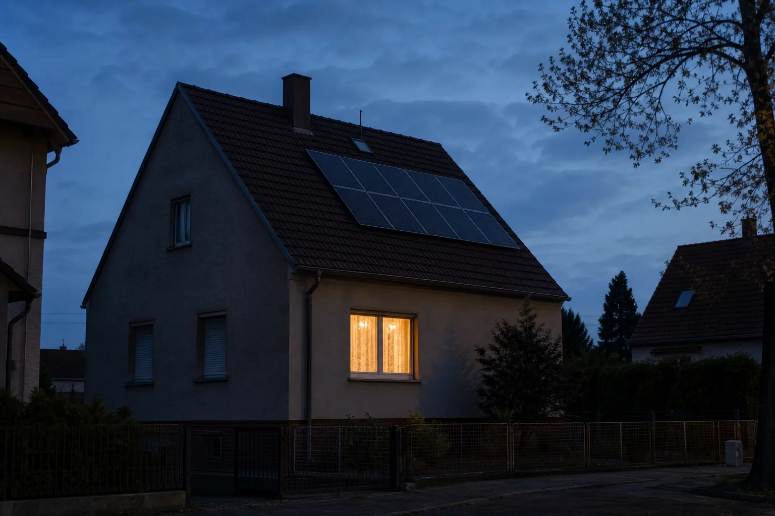 Ein gewöhnliches, unbeschriftetes Wohnhaus mit dunkler werdendem Himmel und einer kleinen Photovoltaikfläche auf dem Dach steht in einer ruhigen europäischen Wohnstraße; aus einem Fenster fällt warmes Licht.