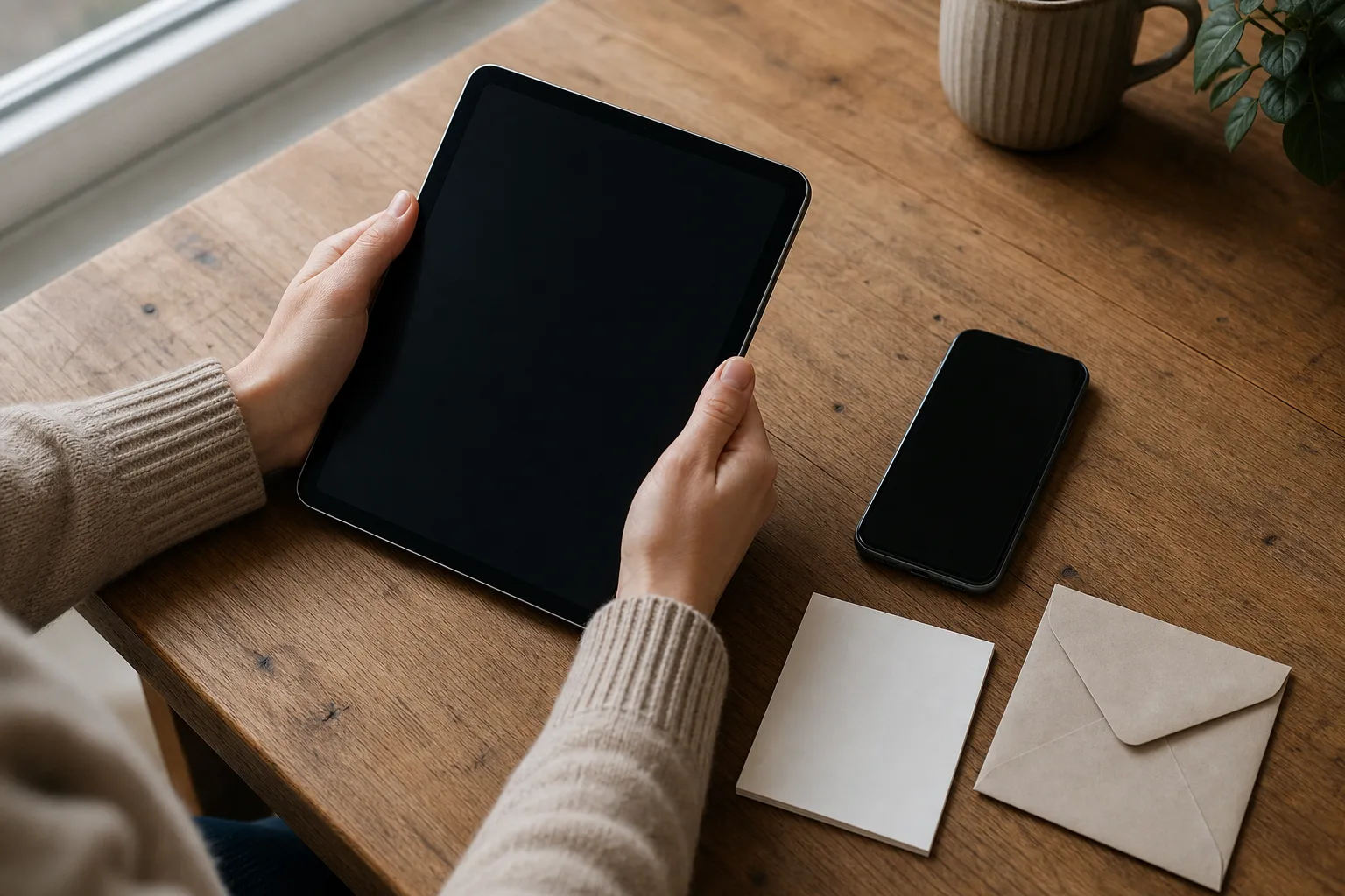 Eine Person hält ein iPad über einem Tisch, daneben liegt ein Smartphone mit unlesbarem Bildschirm und ein geschlossener Umschlag.