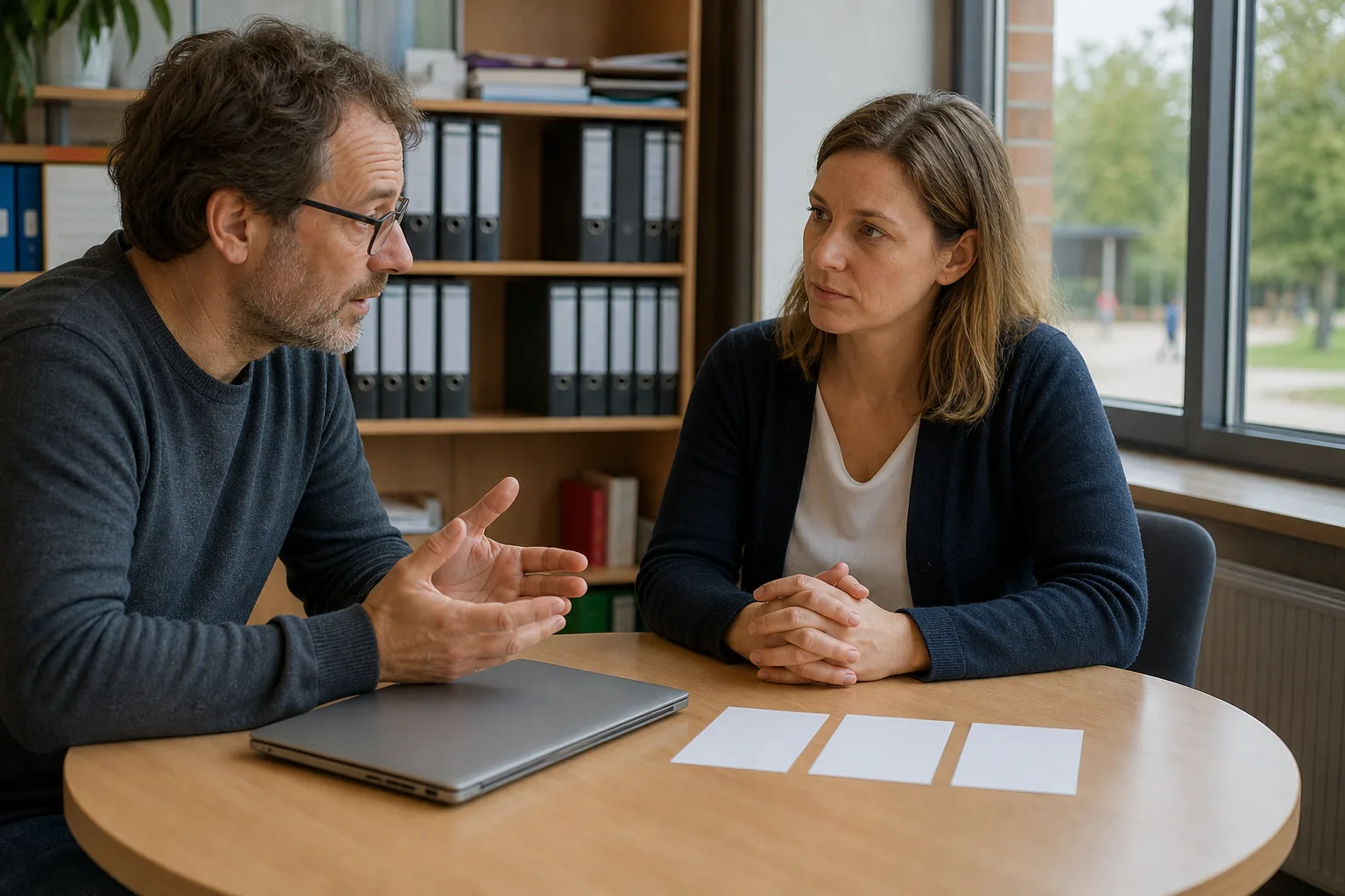 IT-verantwortliche Person und Lehrkraft sprechen in einem Schulbüro an einem runden Tisch