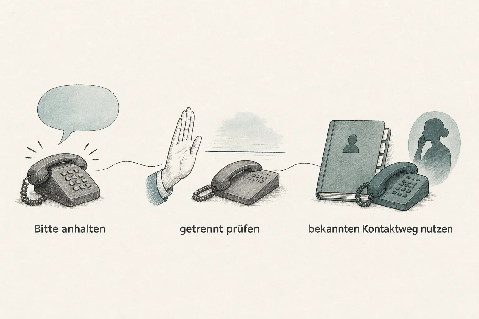 Prozessgrafik zeigt ein eingehendes Telefonat, eine Pause und die getrennte Rückprüfung über ein Adressbuch, ein Telefon und einen bekannten Kontakt.