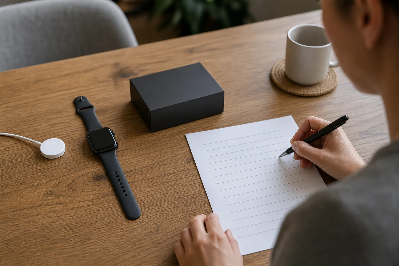 Markenfreie Smartwatch, Ladepuck und Notizblatt liegen auf einem Esstisch, während eine Person Fragen notiert.