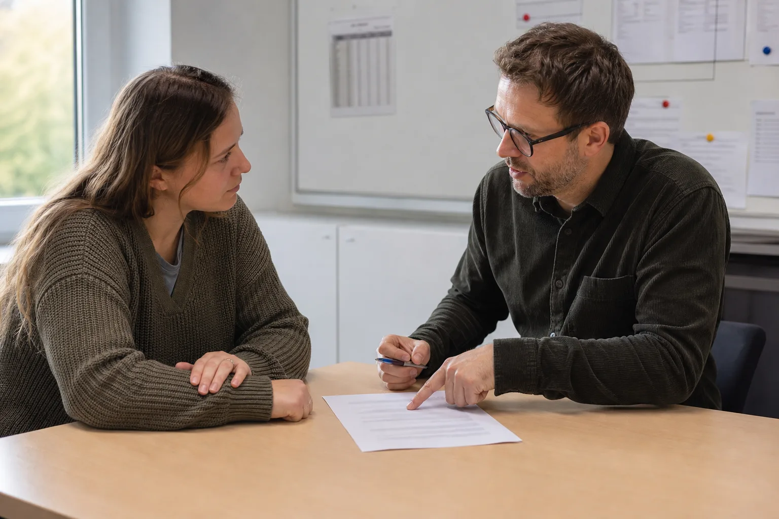 Zwei Personen besprechen einen neutralen Ausdruck in einem hellen Besprechungsraum