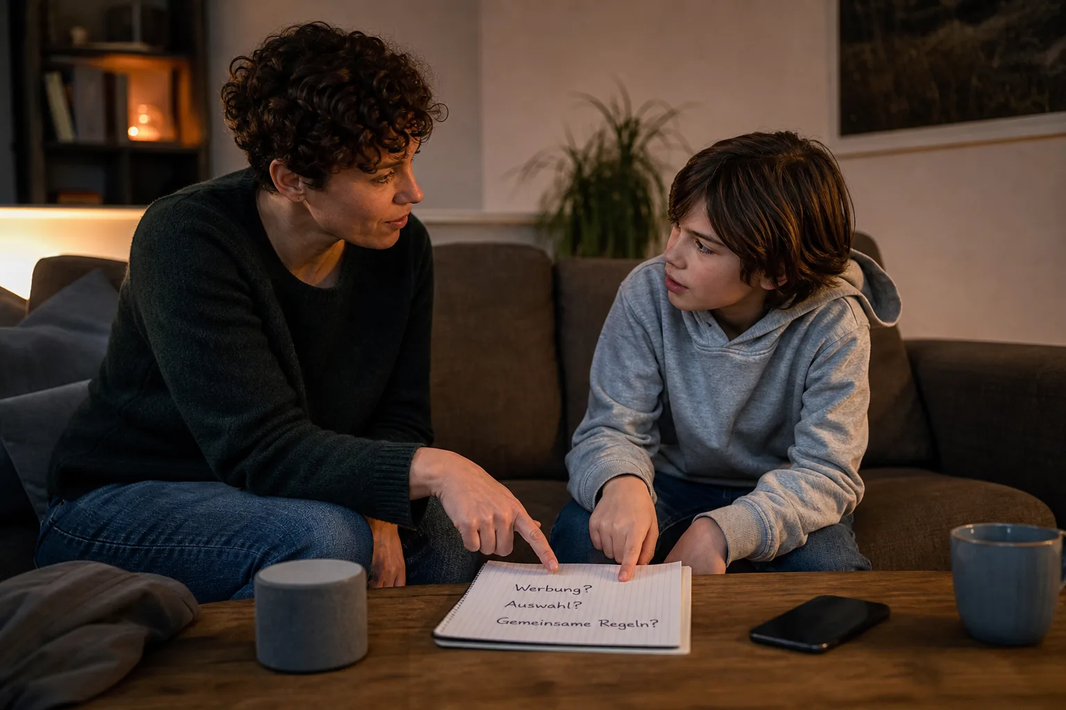 Ein Elternteil und ein Kind sprechen auf einem Sofa über Werbung, Auswahl und gemeinsame Regeln bei der Musiknutzung.