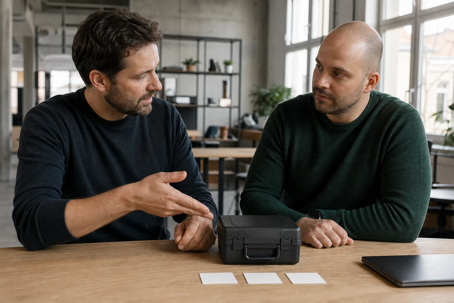 Zwei IT-Fachkräfte besprechen an einem neutralen Tisch eine kleine, geschlossene Werkzeugbox und unbeschriftete Karten; ein Bildschirm bleibt außer Sicht.