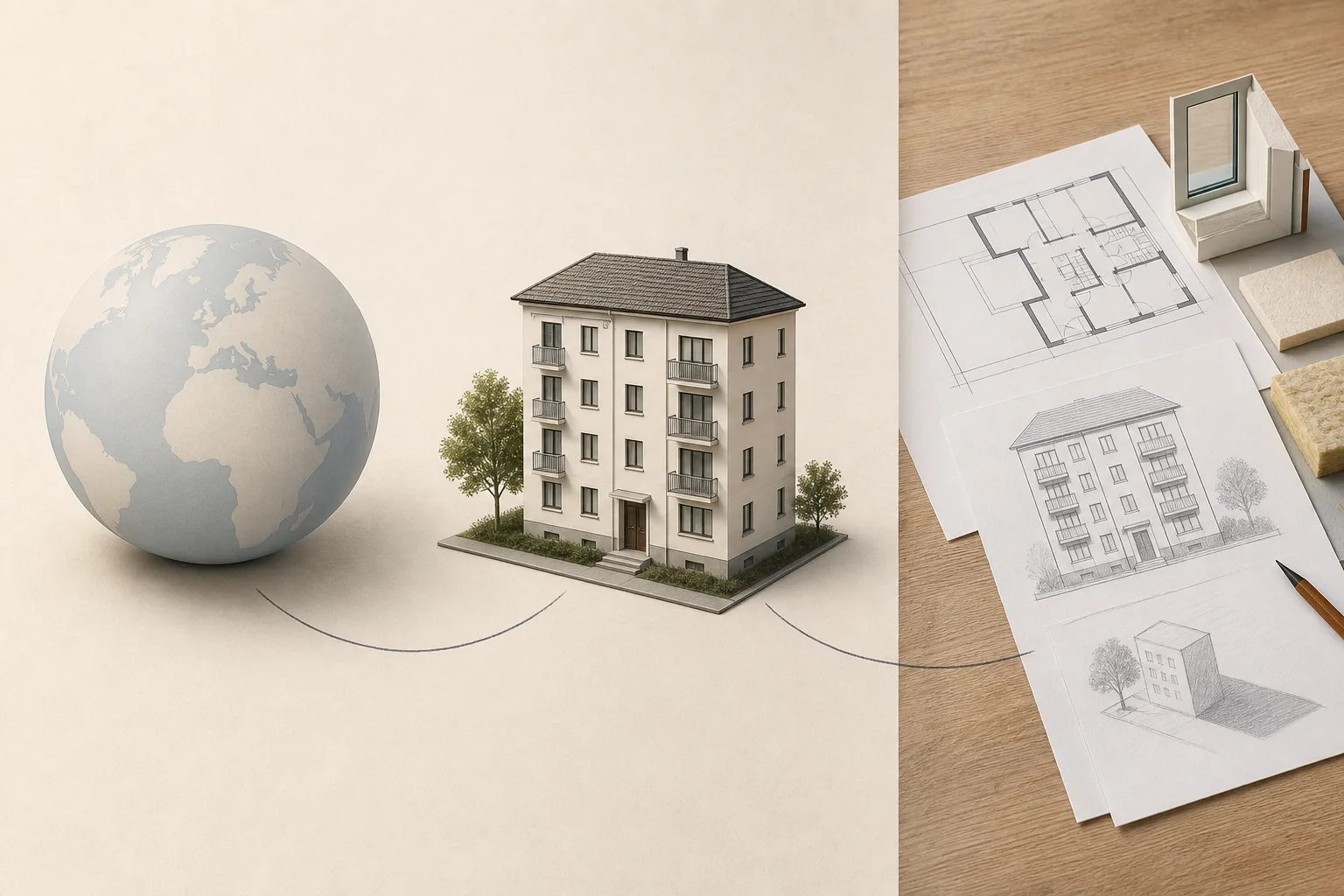 Eine Prozessillustration verbindet einen abstrakten Globus mit einem Wohngebäudemodell sowie Papierplänen zu Fenster, Verschattung und Dämmung.